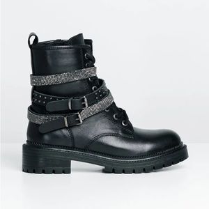 Black Studded Rhinestone Combat Moto Boot